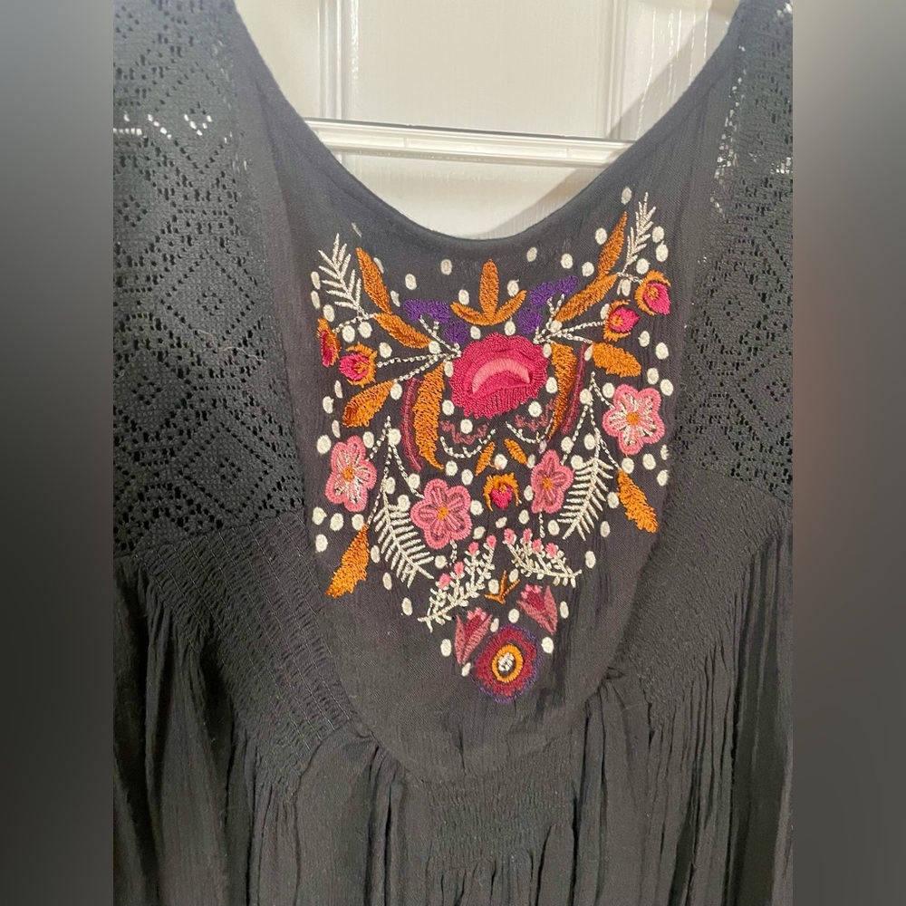 Free People Dress Size Medium Mini Black Boho Embroidered Festival Fall Lined - Picture 4 of 12